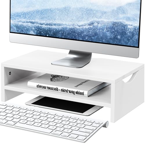 Monitor Stand Riser for Desk, 2 Tiers Laptop Computer Riser for PC Screen, iMac, Desktop Wooden Screen Monitor Stand with Storage Organizer for Home Office, White