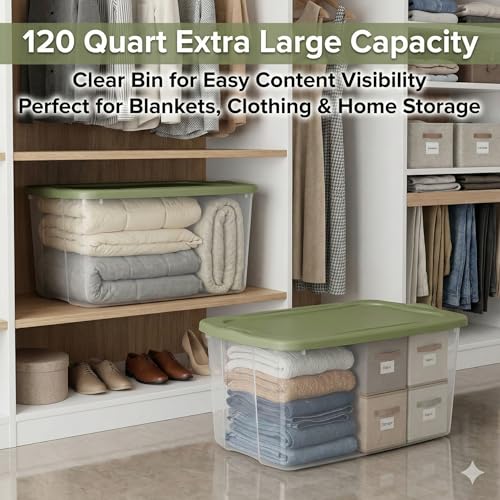 2 Pack 120 Quart Clear Container,Extra Large Plastic Storage Bin with Lid,Stackable Organizer Bins,for Closet, Bedroom, Shelving Units and Everyday Home Storage