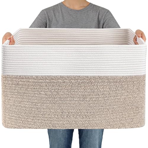 JMvicyroam Woven Blanket Basket,65L Large Storage Bin for Blankets Toys Clothes,Decorative Rope Basket for Living Room Bedroom with Handles, White&Oatmeal - color: White&Oatmeal, size: 65L