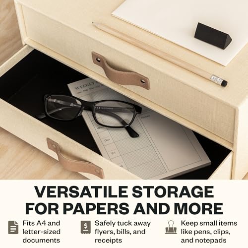 Bigso Birger 2 Drawers - Desktop Drawers for A4 and Letter Size Papers and Documents - Tabletop Drawers with Leather Handles - 13.1 in x 10 in x 5.7 in - Cream - color: Cream