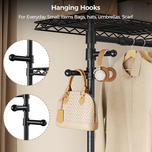 Closet Organizers and Storage, 3-Row Heavy Duty Garment Rack Clothes Rack for Hanging Clothes, Wall Mounted Closet System with 4 Telescopic Rods, 4 Hooks, 6 Shelves for Wardrobe, Bedroom, Small Space - style: 3-Row