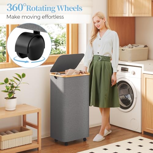 Yecaye 100L Large Capacity Laundry Hamper – Foldable Rolling Laundry Basket, Mobile Clothes Hamper with Wheels, Removable Inner Bag, Bamboo Handle Lid Laundry Bin – Multi-Use Storage,Grey - color: grey