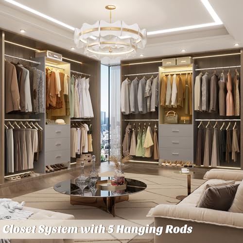 Aheaplus Closet System with Motion-Sensing Light, 3 Wooden Drawers and 4 Hanging Rods, Customizable Walk-in Closet Organizer with 3CCT LED, Heavy Duty Garment Rack for Bedroom,Grey - color: Grey, size: With Light