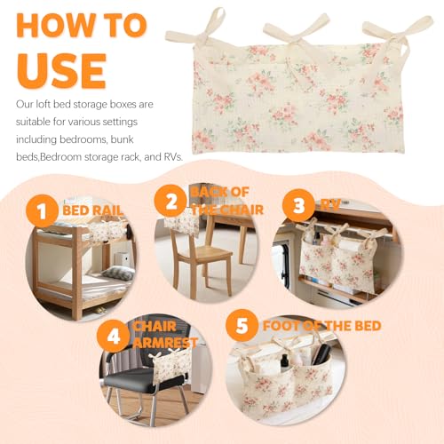 2 Pieces Floral Pattern Bedside Caddy with 2 Pockets, Bedside Hanging Storage Organizer, Dorm Rooms Bunk Bed Storage Bag for Home Phone Remote Control Key Glasses (Beige) - color: Beige