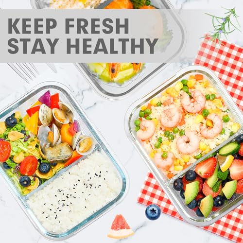 VERONES 5 Pack Glass Meal Prep Containers 2 Compartment Set, 36OZ Airtight Lunch Containers, Glass Food Storage Containers with Lids, for Microwave, Oven, Freezer & Dishwasher Friendly,White - color: White