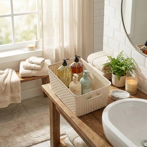 BINO | Plastic Storage Baskets, 13.5 Liter - 3 Pack, Natural | THE WOVEN COLLECTION | Storage Basket for Shelves | Woven Storage Baskets for Organizing Bins | Pantry Shelf Organizer | Container Bin - color: Natural, size: 13.5L | 3-Pack