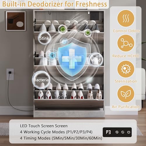 BORNOON Shoe Cabinet with Odor Control and Back Panels, Deodorizing Slim 3-Flip Shoe Storage Cabinet for Entryway, Freestanding Hidden Shoe Rack Organizer for Entrance, Hallway, Bedroom - color: Grey, size: Deodorizing 3-Flip