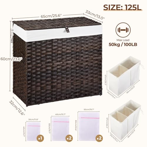Greenstell Laundry Hamper with Lid, 125L Wicker Laundry Baskets with 2 Removable Liner Bags & 5 Mesh Laundry Bags, Handwoven Rattan Clothes Hamper with Handles for Clothes in Bathroom, Bedroom - color: Light Brown