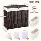 Greenstell Laundry Hamper with Lid, 125L Wicker Laundry Baskets with 2 Removable Liner Bags & 5 Mesh Laundry Bags, Handwoven Rattan Clothes Hamper with Handles for Clothes in Bathroom, Bedroom - color: Light Brown