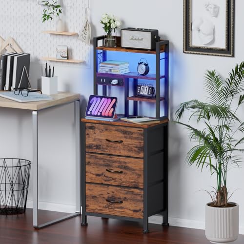 Furnulem Tall Night Stand with LED & USB Ports, 45.3inch Nightstand with Open Bookshelf, Bedside Table with 3 Fabric Drawers for Bedroom/Dorm/Office, Rustic Brown Wood-Metal Frame - color: Rustic Brown, size: 3 Drawer