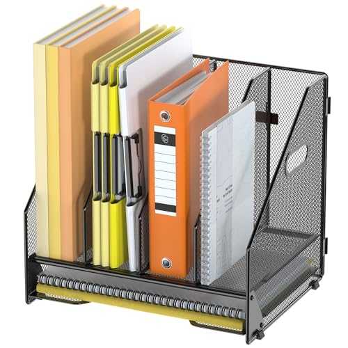 Docnest Desk File Holder Sorter, 4 Vertical Compartments Rack with Letter Tray, Mesh Magazine File Holder with Handle,Workspace Organizers,Desk Organizers for Paper, Mail, Documents-Black - color: Black-4 Compartments