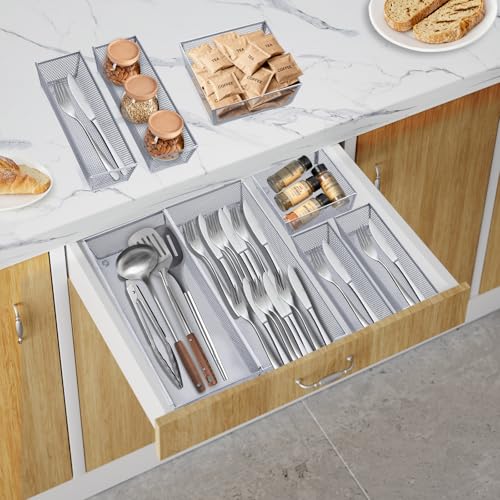 Neudeco Silverware Drawer Organizer,Utensil Organizer for Kitchen Drawer Organizer for Large Utensils with Interlocking Arm, Silverware Storage Cutlery Tray for Knives Fork Spoon (Pack 5, Silver) - color: Silver-5L pack