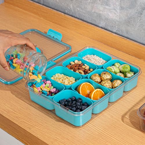 WACOI Divided Snack Serving Tray with Lid and Handle Travel Snackle Charcuterie Container Portable Storage Organizer for Candy, Fruits, Nuts, Snacks, Party, Picnic (1pack, Lake blue) - color: Lake blue