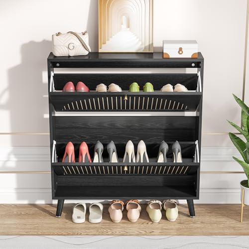 Fsbecl Shoe Storage Cabinet for Entryway with 2 Flip Drawers, Narrow Wood Shoe Cabinet with Fluted Panel, Freestanding Hidden Shoe Organizer for Foyer, Hallway (Black - No Shelf) - color: Black - No Shelf