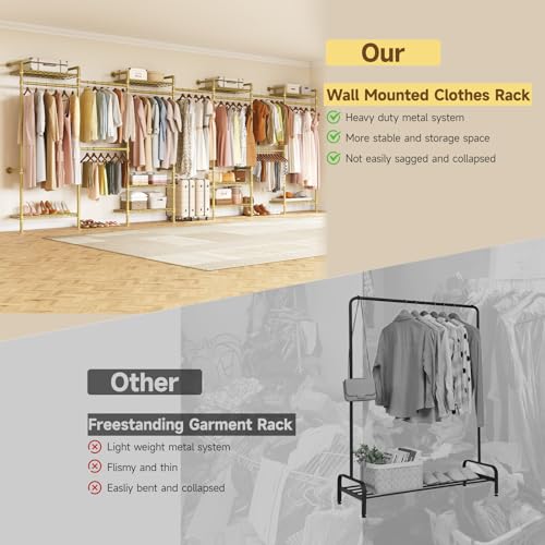 ONBRILL L7 Wall Mounted Industrial Pipe Clothing Rack – Heavy Duty Modular Closet System with 9 Hanging Rods ( 6 Expandable) & 10 Adjustable Shelves, Corner Garment Rack, Large Wardrobe - Gold - color: Gold