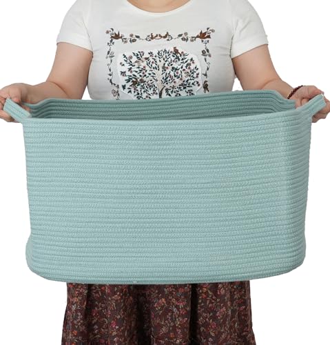 XUANGUO Large Rectangle Blankets Basket Living Room 22"x17"x12" Woven Cotton Rope Storage Baskets for Nursery Toy Baskets for Kids and Dogs Wicker Laundry Basket Bin for Clothes Towels green - color: light green