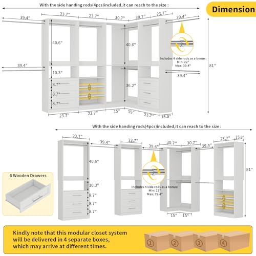 Closet System with 6 Drawers, Corner Closet Organizer System with 9 Rods & Shelves Walk in Wooden Modular Closet Storage System L-Shaped U -Shaped Freestanding 4 Sets, 2500+ Lbs Capacity White - color: Cl07090910