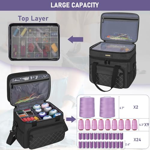 Sewing Storage Bag with Removable Tray Large Capacity Sewing Aaccessories Organizer Travel Sewing Case with Shoulder Strap Double-Layer Sewing Organizer Bag Black (Bag Only) - color: Black