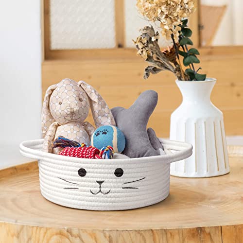 Small Woven Basket, Cute Cat Toy Basket for Living Room, Decorative Nursery Bin for Toys, Diapers, Empty Gift Baskets for Baby, White, 9.8 x 4 inches - color: White, size: 9.8"W x 4"H