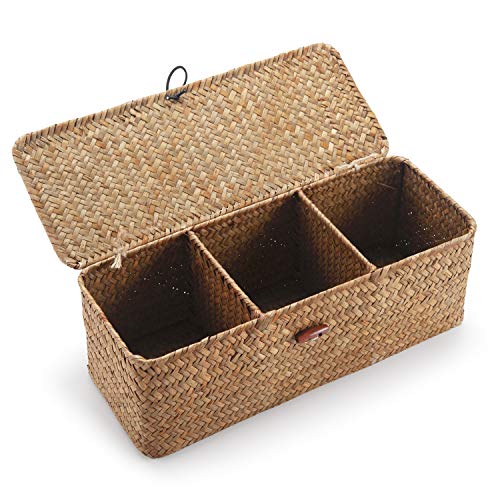 Seagrass Tank Basket with Lid Woven Toilet Roll Storage Basket with Sections Rectangular for Organize Snack Toys Tampon (Large Compartment 16.5inch L x 5.5inch W x 5.5inch H) Natural - color: Natural
