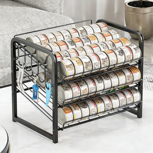 Iron Cat Food Container, Can Organizer for Pantry, Pet Food Storage Containers, 3-Tier Can Stackable Storage Rack with 6 Fixed Hooks, Canned Goods Organizer for Countertop Kitchen Cabinet, Black