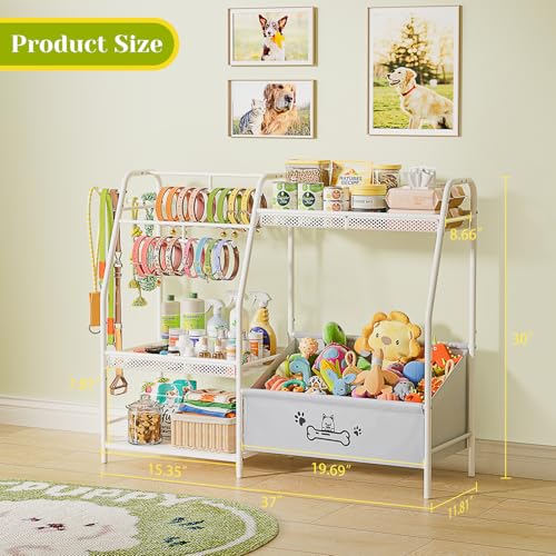 Large Dog Toy Basket with Dog Storage Organizer, Trapezoid Dogs Toy Bin Box with Collar Leash Holder Hook, Toy Holder Chest Pet Storage Cabinet for Living Room, Dogs Essentials for Pet Lovers Gift - color: White