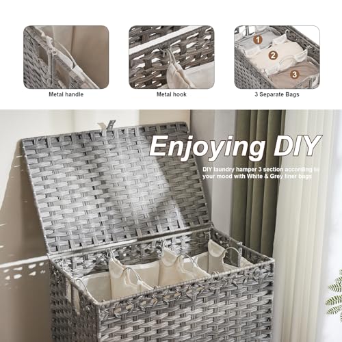 Laundry Hamper with Lid, 190L Large Laundry Basket 3 Section with 6 Removable Liner Bags & 3 Mesh Laundry Bags, Handwoven Rattan Clothes Hamper with Heightened Feet, No Install Needed, Grey - color: Grey