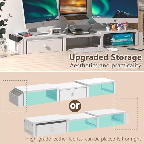 LAND·VOI Heavy Duty Dual Monitor Stand, Holds 2 Screens Up to 27 Inches, Adjustable Length and Angle Monitor Riser, Desk Organizer with Side Pockets and Drawers, Home Office Desk Storage, White - color: White, size: Separate-Type