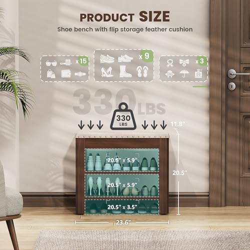 Shoe Bench for Entryway, Solid Rubberwood Shoe Bench with Hidden Storage, Adjustable 2-Tier Shelves & Soft PU Leather Seat, Shoe Rack Durable Easy Assembly for Hallway or Bedroom - Beige, 23.6" - color: Beige, size: 23.64"W x 11.82"D x 20.47"H