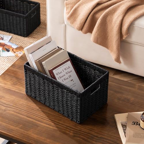 UBBCARE 4 Pack Wicker Basket, 13.4L×8.3H×7.1W inch Woven Paper Rope Storage Baskets for shelves, Foldable Rectangular Storage Baskets with Handle, Storage Basket for Organizing, Black - color: Black, size: 4pack Medium