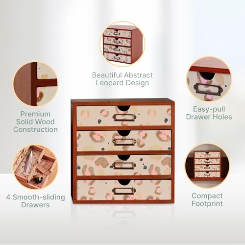 Leopard Print Wooden Desk Organizer - Animal Pattern 4-Drawer Desktop Storage - Modern & Rustic Wood Cabinet for Office Supplies, Craft Tools, & Home Organization - Artistic Drawer Unit - color: Earth and Pink Leopard
