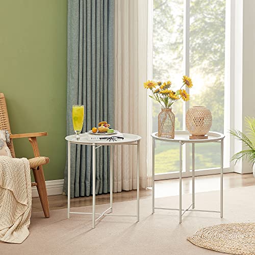 VECELO Side/End Table, Folding Round Metal Anti-Rust and Waterproof Outdoor or Indoor Tray for Living Room Bedroom Balcony and Office, 1 PCS, Beige - color: Beige, size: 1 PCS