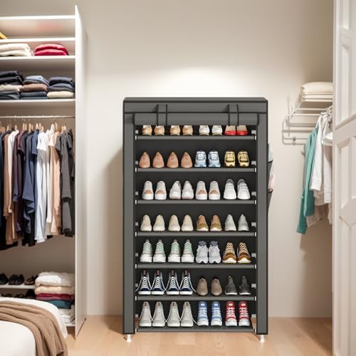 Laiensia 7-Tier Vertical Shoe Rack Organizer, Space Saving Shoe Storage Organizer, Non-Woven Cover Shoe Shelf Holds 28-35 Pairs for Bedroom, Hallway, Closet Entryway, Grey - color: Grey, size: 7-tier