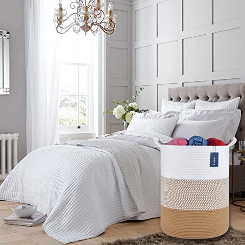 COMSE Extra Large Blanket Basket, Tall Woven Storage Basket, Nursery Hamper, 15.7”x 21.7”, Cotton Rope Laundry Hamper for Toys Clothes Towels, White/Camel - color: White & Camel Mix