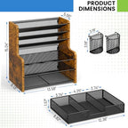 DAOUTIME 6-Tier Mesh Desk Organizer with Drawer, Wooden Office Organizer for Papers, Folders & Office Supplies - Sturdy Desktop File Holder with 2 Pen Holders - Space Saving Home Office Accessories