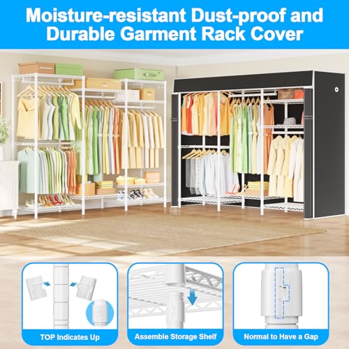 Ulif E13C Heavy Duty Closet Organizer System，Freestanding Clothing Racks for Hanging Clothes，Adjustable Garment Rack 63" W x 16" D x 77" H Hold 960 lbs，White Clothing Rack with Black Dustproof Cover - color: White Rack with Black Cover, size: E13C
