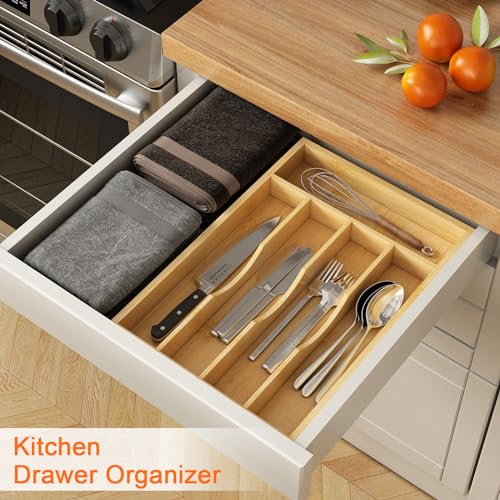 Bamboo Utensil Organizer for Kitchen Drawers, Utensil Tray and Cutlery Silverware Holder,Wood Drawer Dividers with 5 Slots（2 pack） - size: 5 Slots - 2 Packs