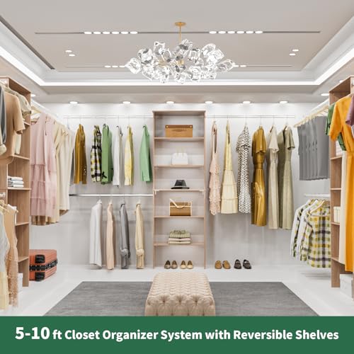 ROOMTEC Closet System, 25.5" Wide Wall-Mounted Closet Organizer Kit with Wood Storage Tower and 3 Hanging Rods, Wardrobe Closet System for Walk-In Closets, Wood - color: Wood, size: 25.5 Inch