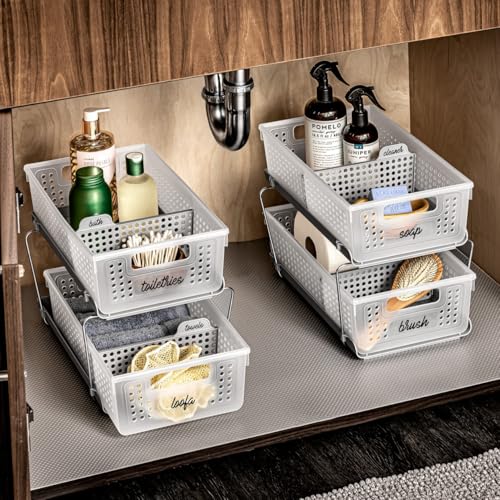 madesmart 2 Tier Organizer, Under Cabinet Storage with Pull Out Sliding Drawers, for Cleaning Supplies, Pantry, Undersink, Sponges, Bottles & Bath, Pull Out Baskets, Frost 2 PACK - color: Frost