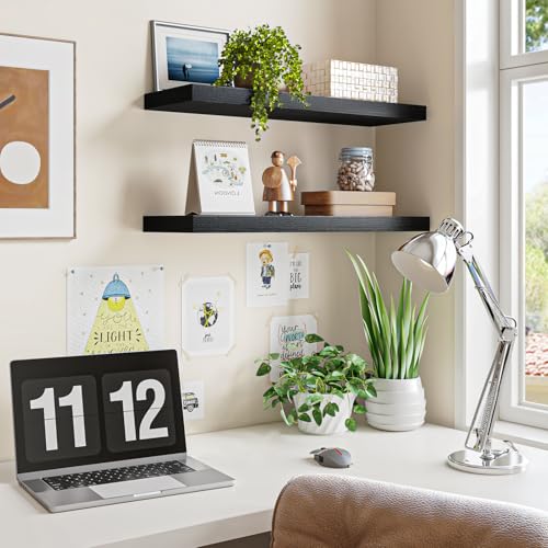 Fixwal Black Floating Shelves for Wall, 22" Long Wall Mounted Rustic Wood Shelves for Living Room, Bedroom, Bathroom and Kitchen, Wall Shelves for Storage, Books, Room Decor Set of 2 - color: Black, size: 22in