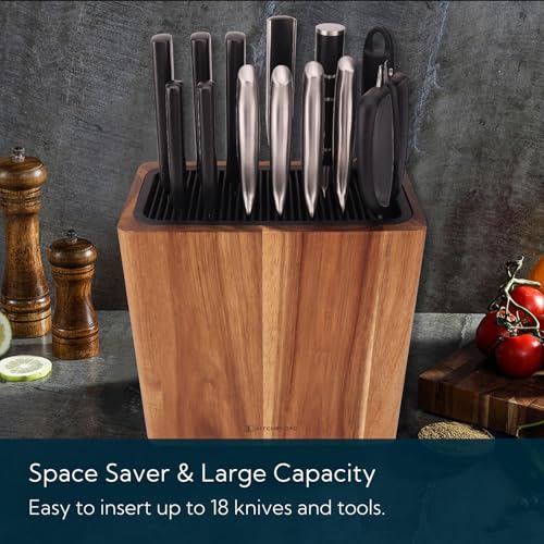 KITCHENDAO XL Acacia Wood Universal Knife Block with Slots for Scissors and Sharpening Rod, Safe, Space Saver Knives Storage Stand Display without Knives, Unique Slot Design to Protect Blade - color: XL-Acacia Wood