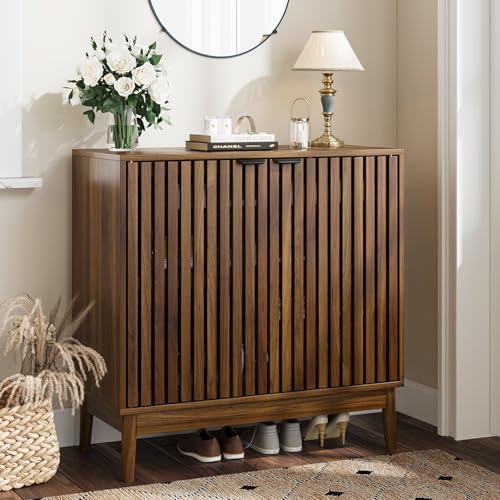Kiasthome Shoe Storage Cabinet with Ventilated Slatted Doors, Wooden Shoe Organizer, Shoes Rack for Entryway, Hallway, Living Room - color: Walnut, size: 31.5" W
