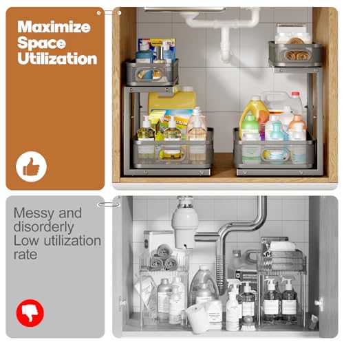 2 Pack 15.7IN-Depth Under Sink Organizer With Smooth Cylindrical Rail,2-Tier Pull Out Multi-Purpose Cabinet Storage for Bathroom&Kitchen,Height Adjustable,Rust-resistant Coating-Gun Gray - color: Gun Gray, size: 2 Pack-15.7"Dx11"-16.14"H