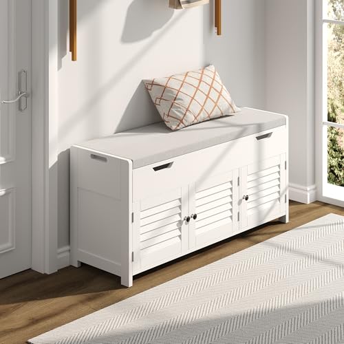 ChooChoo 41.3" Shoe Storage Bench with Lift Top Storage, Entryway Bench with Cushioned Seat, Adjustable Shelf, Shoe Cabinet with Hidden Space, for Entryway, Bedroom, Living Room, White - color: White, size: 13.78"D x 41.34"W x 19.69"H