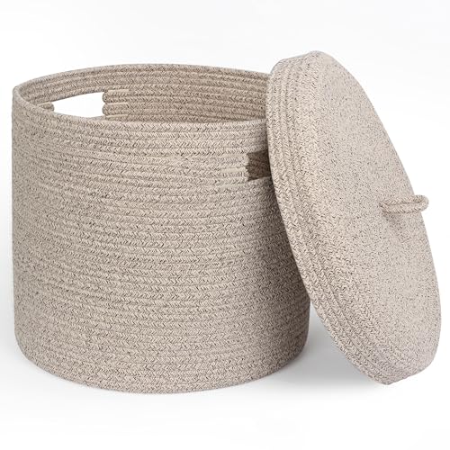 Storage Basket with Lid, Woven Blanket Storage for Living Room, Soft Cotton Rope Bin with Lid, Round Wicker Laundry Basket with Cover, Lidded Kids Dog Toy Bin, Nursery Organizer, 15" x 13" - color: Brown