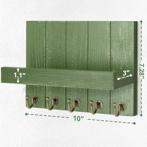 Rebee Vision Pine Wood Key Holder Wall Mount with Floating Shelf – Farmhouse Key Holder for Wall with Hooks – Hat Organizer for Room Decor and Entryway Organization (Green,3.54" x 10" x 7.28") - color: Green, size: 10 Inch