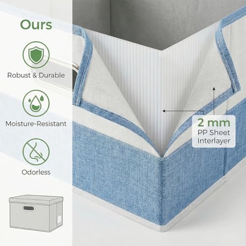 PRANDOM Storage Bins with Lids [3-Pack] Linen Fabric Foldable Storage Boxes Organizer Containers Baskets Cube with Cover for Bedroom Closet Office Blue&White（11.4X8.6X6.7 - color: Blue&Cream, size: S(3-Pack)