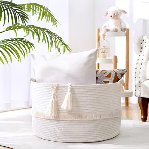 67L Large Blanket Basket, 20"x13" Woven Storage Baskets With Handle, Cotton Rope Blanket Basket Living Room, Baby Laundry hamper for Blanket, Nursery, Toy, Pillow (White) - color: White, size: 67L