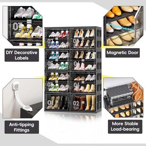 JEKO&JEKO 7 Tiers Foldable Boot Storage Shoe Rack Cabinet for Closet Entryway, Large Collapsible Shoe Organizer with Magnetic Doors (Black) - color: Double-row, size: 7 Tiers