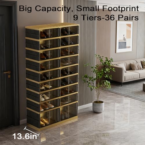 SYNCVIBE Shoe Rack Organizer for Closet Entryway Foldable Sneaker Storage Shoe, Collapsible Shoe Cabinet, Stackable Shoe Storage Cabinet with Lids for Living Room (9 Tiers -36 Pairs Black Gold) - size: 9 Tiers -36 Pairs Black Gold